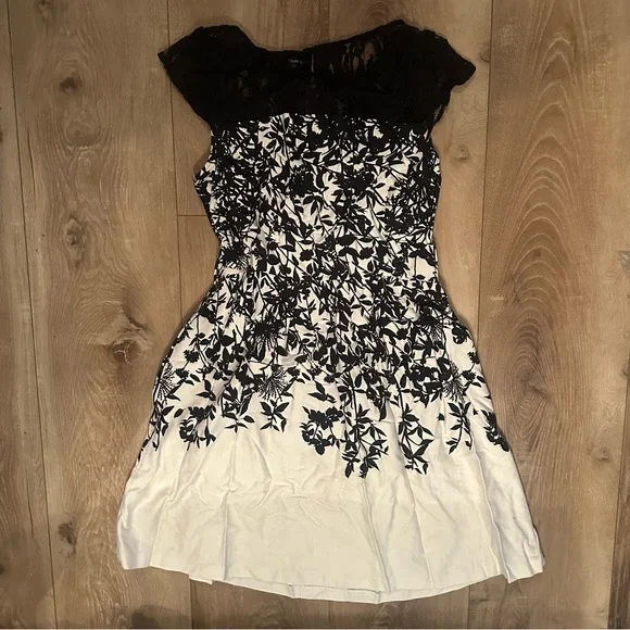 Maurices | Dresses | Maurices Black White Fit Flare Lace Top Branches  Leaves Design Dress Medium | Poshmark